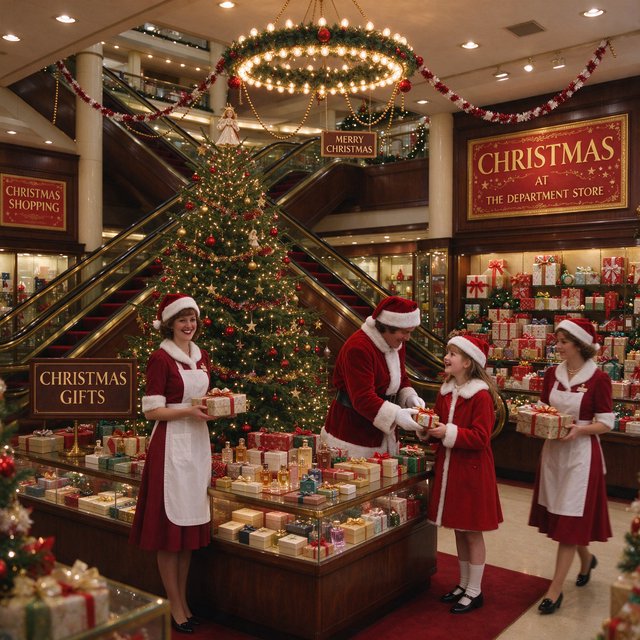 A UK department store in the 1970s at Christmas time. The lighting and decor will be very festive, with staff members dressed in festive outfits. — Seedream 5.0 Flash