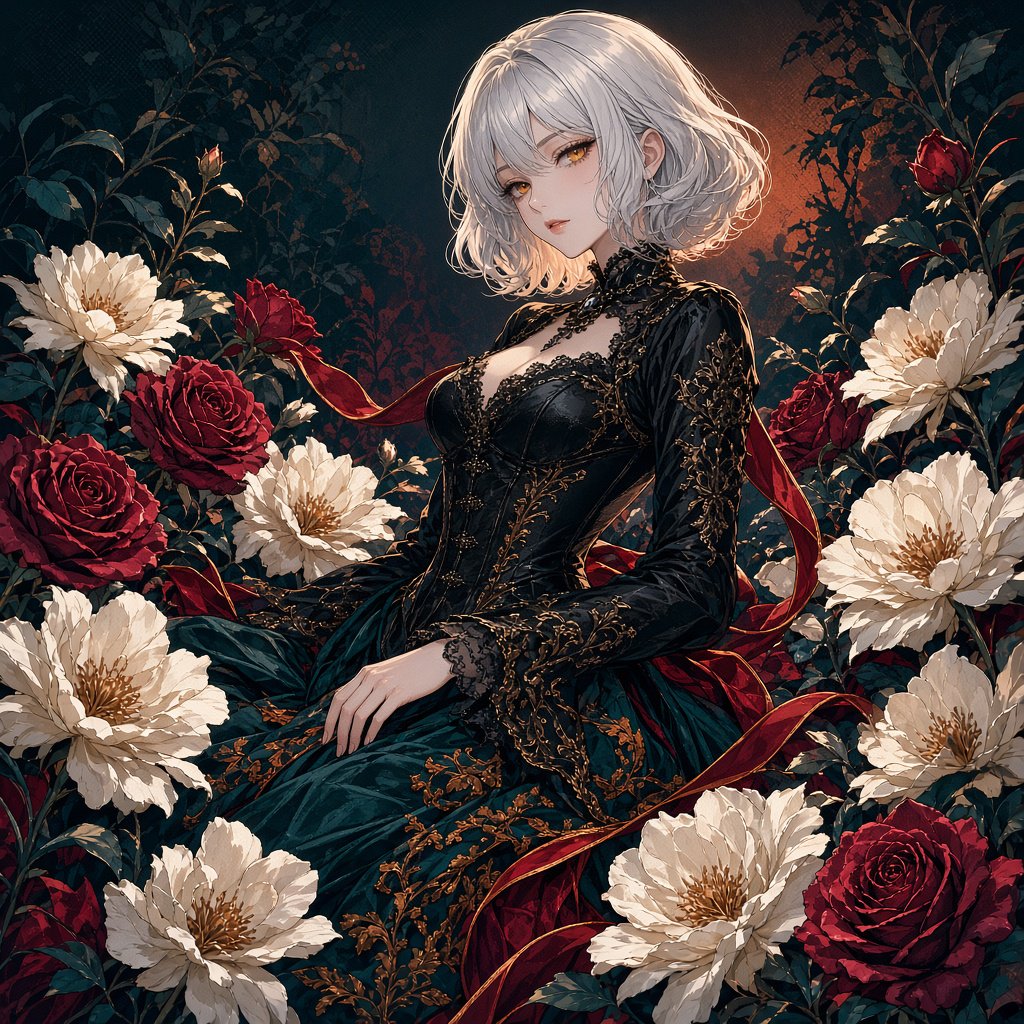 An elegant gothic woman sits sideways among oversized ivory blossoms, crimson roses, and dark teal foliage, turning toward the viewer with half-lidded amber eyes. She has a softly waved silver-white bob and a fitted black gown with lace, embroidered sleeves, and a sculpted corset. Deep-teal skirt folds reveal crimson lining and burnt-orange embroidery. Crimson ribbons with orange edging weave through the flowers, leaving breathing room around her pale face and hands. A deep-teal background fades into charcoal, with muted burnt-orange light behind her head, faint crimson haze below, and botanical shadows. Fine ordered dithering, delicate checkerboard patterns, and clustered pigment grains soften background transitions only; the woman and flowers remain smoothly painted. Crimson, deep teal, glowing orange, lacquer black, and warm ivory palette. Soft frontal fill, luminous hair, readable black fabric, subtle orange rim light, refined gothic anime, precise linework, dramatic floral framing — Grok Imagine Image 2