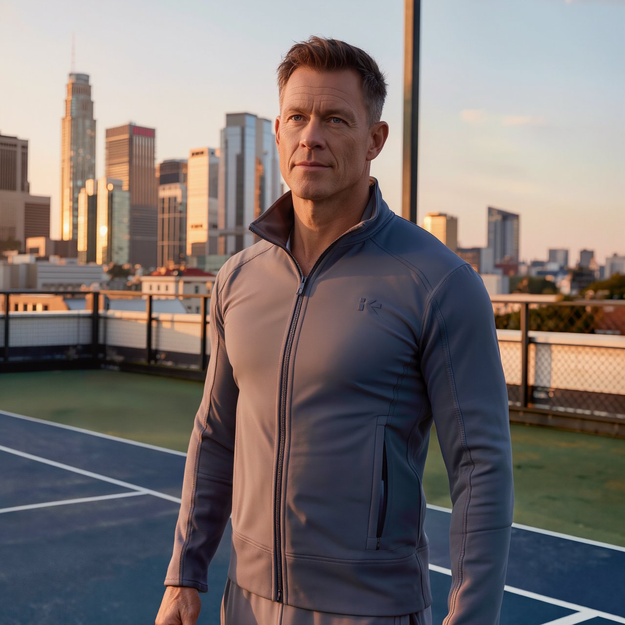Editorial glamour photograph of an adult man in a slate-gray fitness set, pausing naturally beside a rooftop tennis court at sunrise, soft flattering light catching his focused expression and the city skyline beyond. — Kling v3