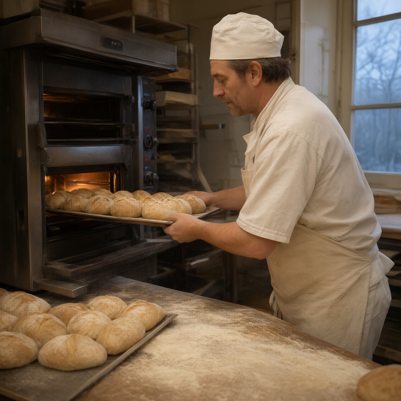 Candid documentary photograph of an adult baker sliding a tray of bread into a neighborhood bakery oven, warm oven glow mixing with gray dawn window light, 35mm lens with moderate depth of field, flour dust suspended above the workbench. — Qwen Image 3.0