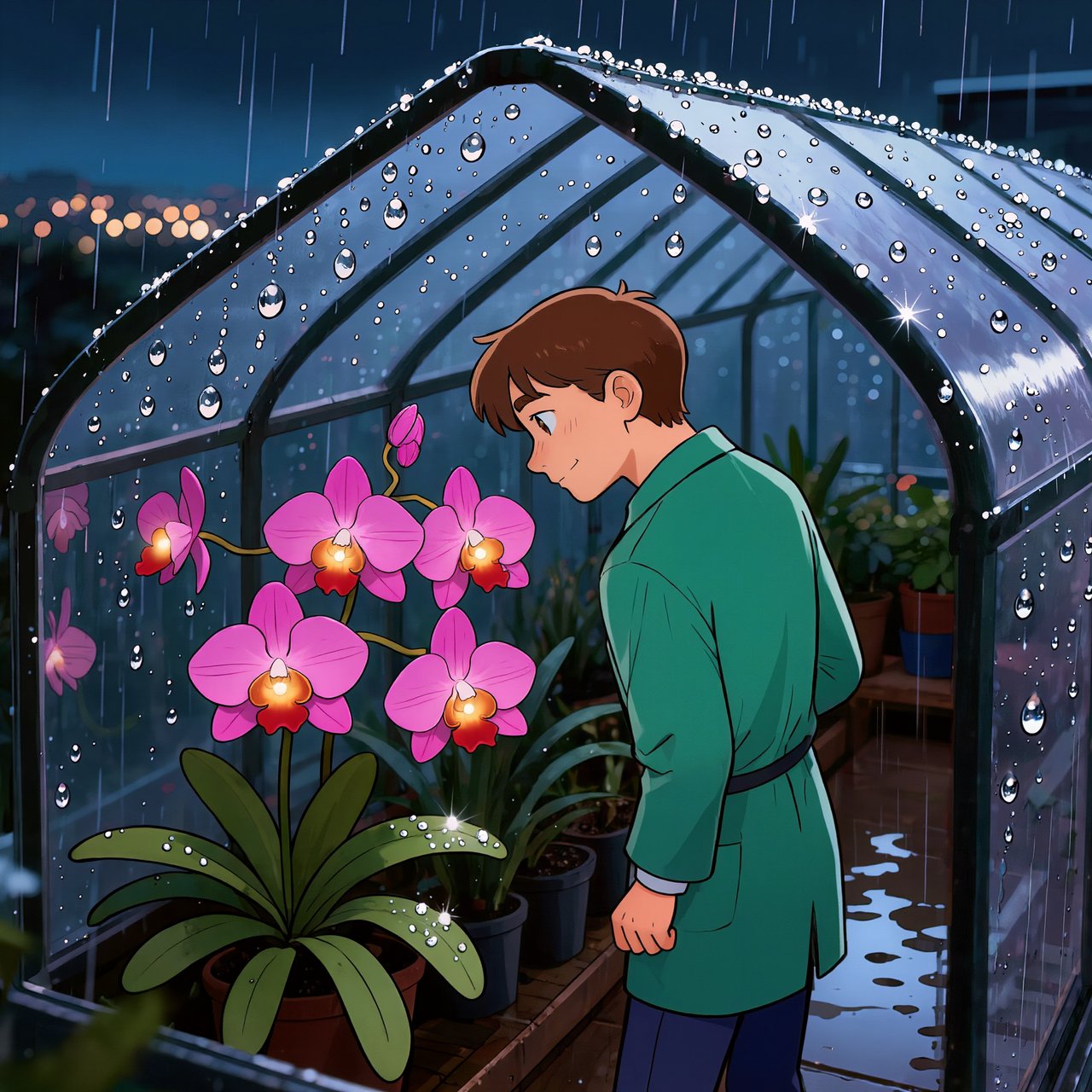Rain beads on a rooftop greenhouse as an adult botanist studies luminous night-blooming orchids beneath glass panes; cel-shaded anime illustration in digital paint, palette of jade, magenta, indigo, and warm amber. — Kling v3