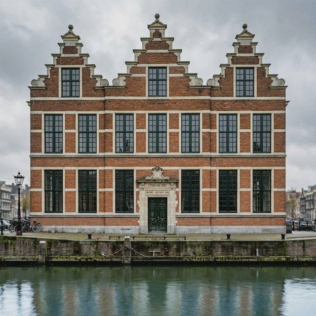 Exterior of a Dutch Renaissance canal-side archive, with warm red brick, pale stone bands, stepped gables, and tall sash windows; soft overcast light reveals the masonry, viewed from the opposite quay, with convincing structure and precise architectural lines. — Muse Image 1.0