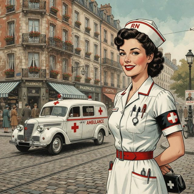A digital illustration depicts an attractive vintage-style nurse with fair skin and dark, curly hair styled in waves reminiscent of past decades. She wears red lipstick, a white nurse's cap, a uniform, and a cross emblem on her sleeve. A classic European street scene featuring an ambulance and old buildings forms the background. — Grok Imagine Image Quality