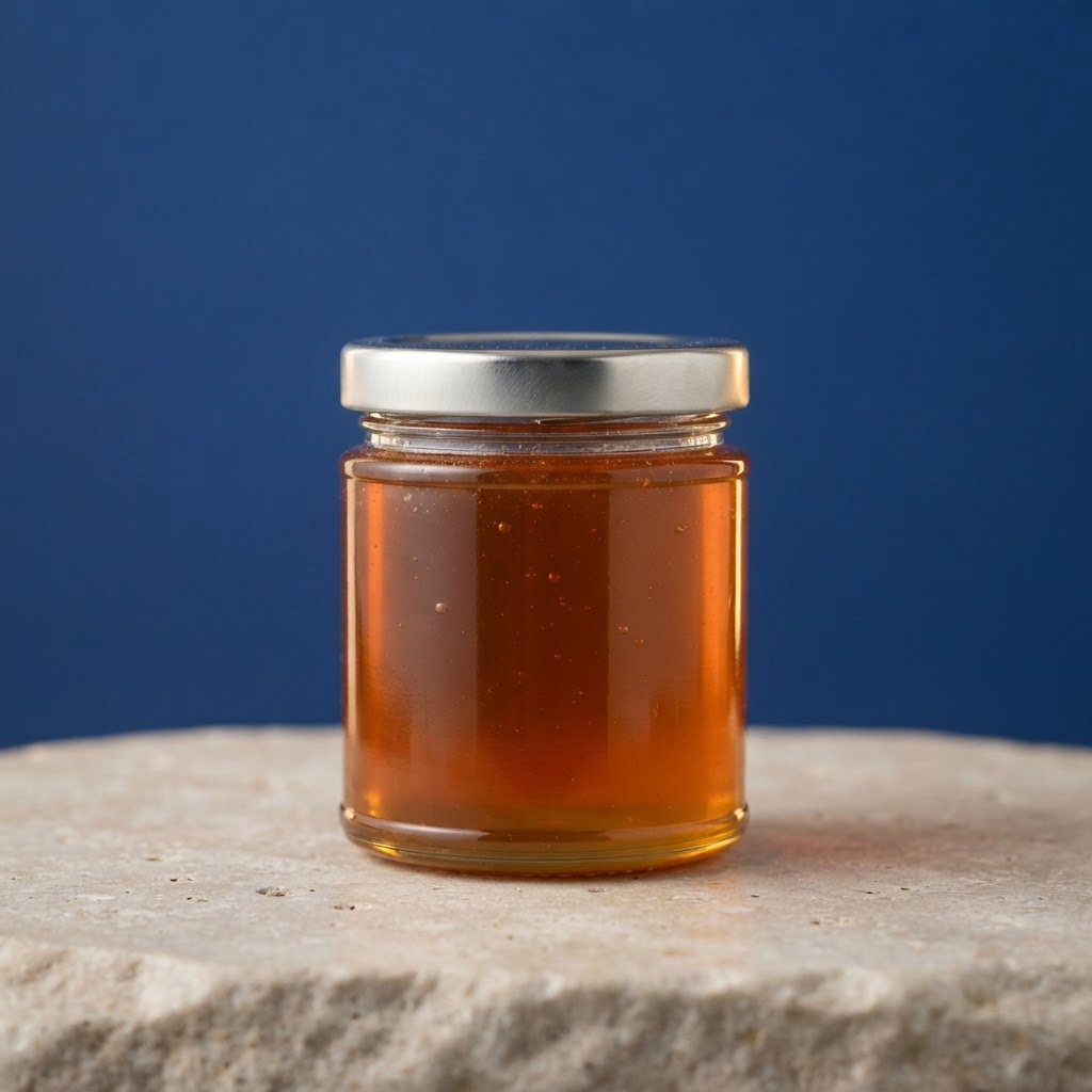 A squat unbranded honey jar with clear glass walls and a plain brushed-aluminum lid rests on honed pale limestone; broad diffused key light and warm rim light shape the commercial product image against a seamless cobalt-blue background, with no lettering. — Nano Banana 2 Lite