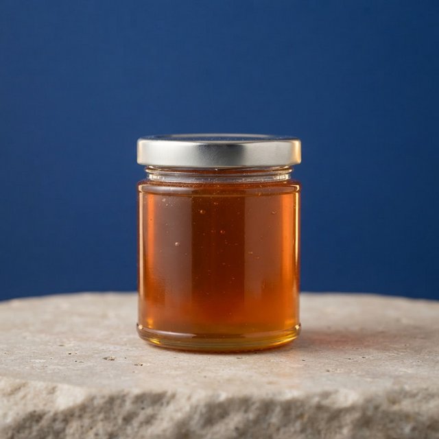 A squat unbranded honey jar with clear glass walls and a plain brushed-aluminum lid rests on honed pale limestone; broad diffused key light and warm rim light shape the commercial product image against a seamless cobalt-blue background, with no lettering. — Model 16