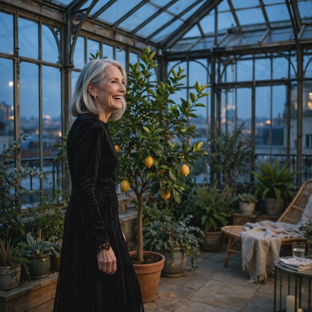 At a quiet rooftop conservatory, an adult woman in her early sixties wears a long-sleeved black evening gown, caught laughing softly beside a citrus tree as blue-hour light spills through the glass; poised styling brings fashion-magazine polish. — Model 14