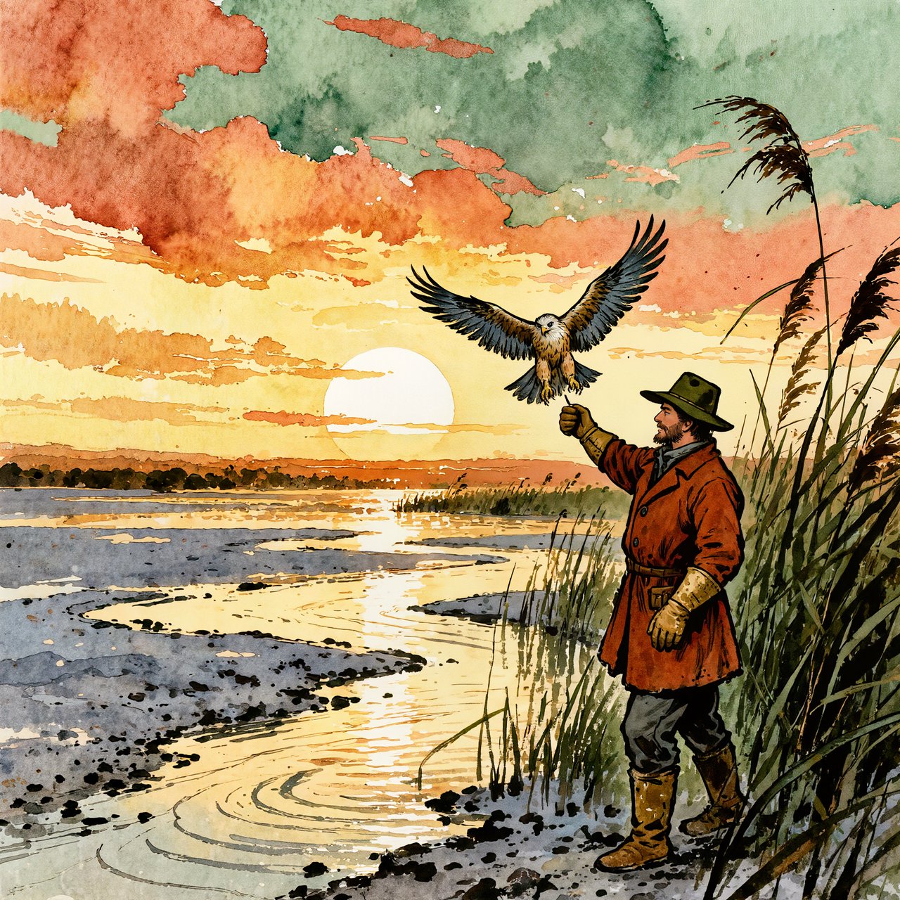 Ink-and-gouache illustration of an adult falconer releasing a hawk above a salt marsh, reeds bending in the wind and tidal pools catching sunset. Palette of rust, moss green, pale gold, and slate blue, with lively brushwork. — Kling v3