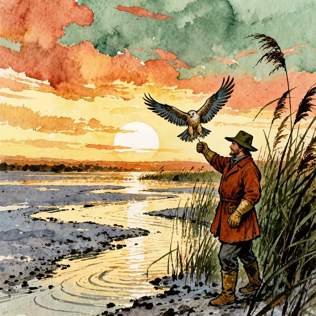 Ink-and-gouache illustration of an adult falconer releasing a hawk above a salt marsh, reeds bending in the wind and tidal pools catching sunset. Palette of rust, moss green, pale gold, and slate blue, with lively brushwork. — Kling v3