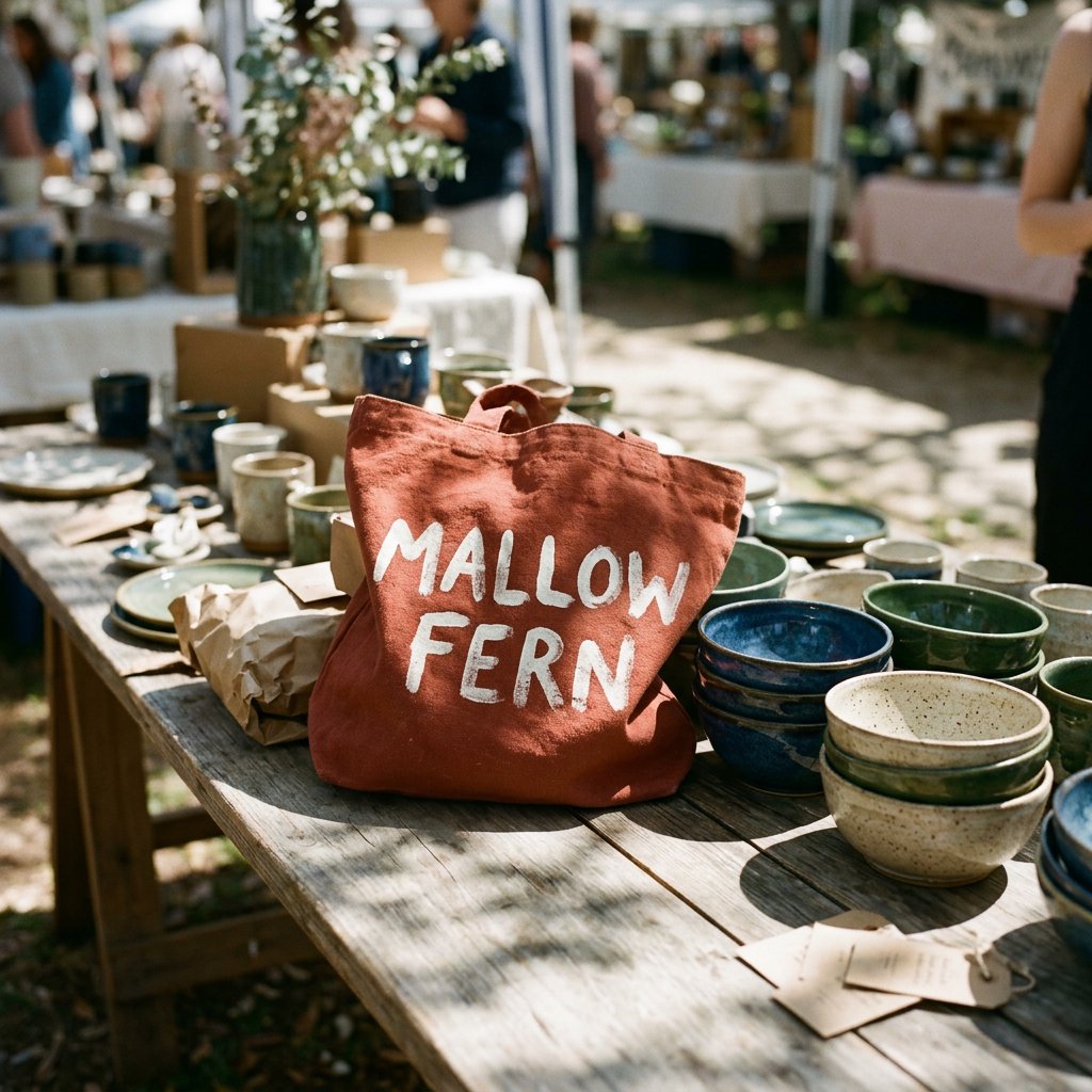 Sunlight pools over a pottery market table, where a rust-red canvas tote rests beside glazed bowls; "MALLOW FERN" is hand-painted in chunky white letters on its front, with no other legible writing. — Nano Banana 2.1