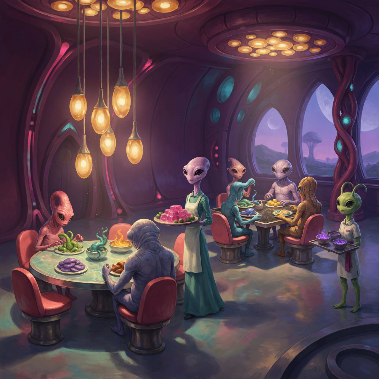 An alien restaurant on a strange planet. The interior is well lit, but the décor is very strange and out of this world. Alien waitresses are bringing in platters of food. Alien diners are eating very unusual dishes. — Ideogram v4.5