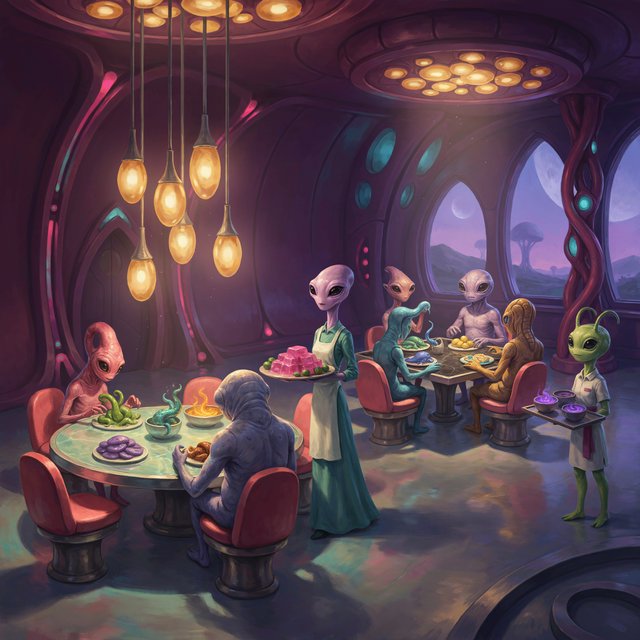 An alien restaurant on a strange planet. The interior is well lit, but the décor is very strange and out of this world. Alien waitresses are bringing in platters of food. Alien diners are eating very unusual dishes. — Ideogram v4.5