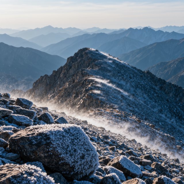 Wind combs a high granite ridge above a glacial cirque at sunrise, beneath clearing snow squalls; granular rime crusts foreground boulders while successive peaks dissolve into blue cloud shadow. — Kling v3 Omni