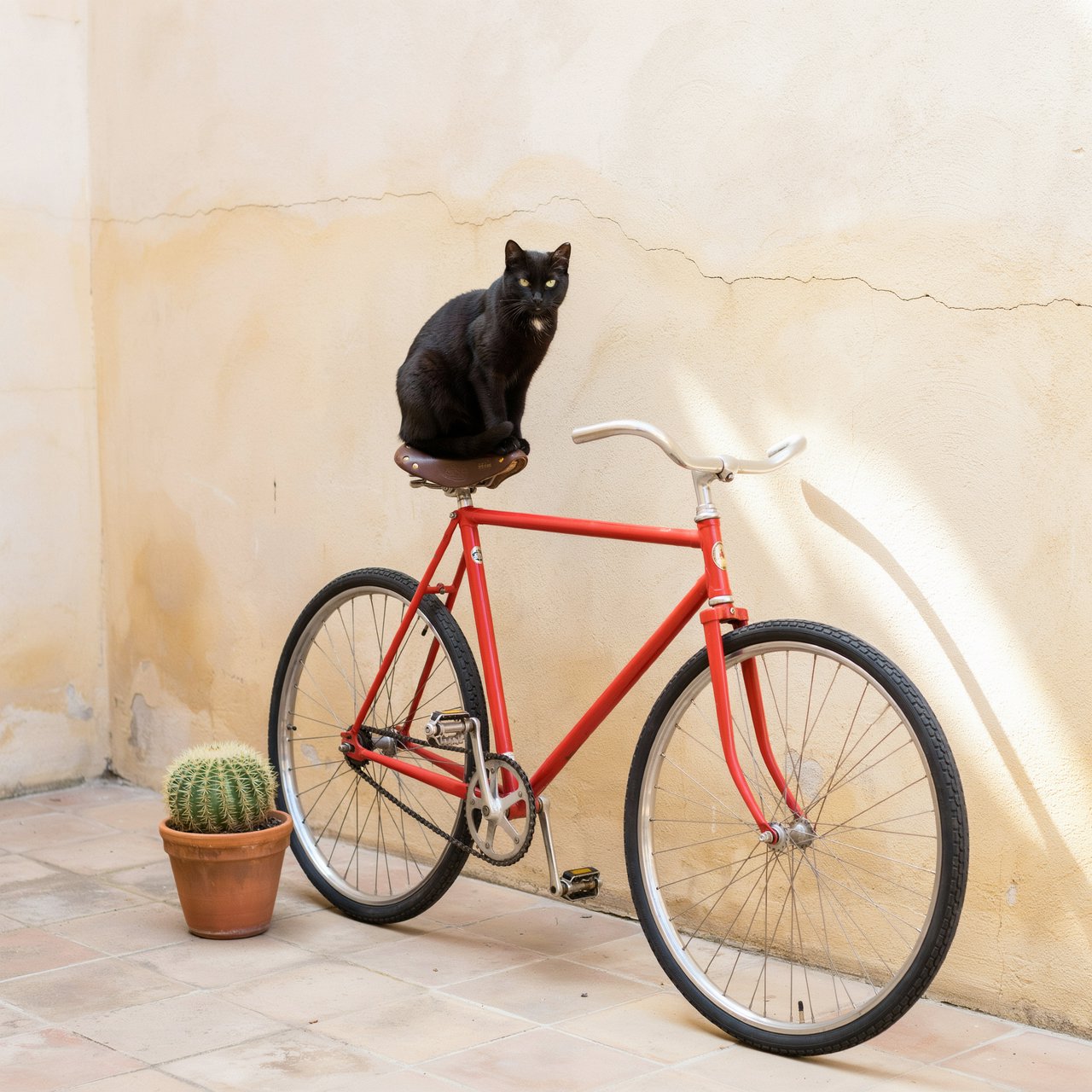 A red bicycle leaning against a yellow wall, a black cat sitting on the bicycle's saddle, a small potted cactus to the left of the bicycle. — Ideogram v4