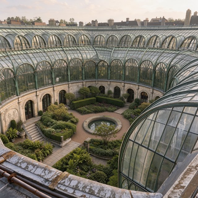 From a nearby rooftop, an Art Nouveau conservatory curves around a planted courtyard, its green copper ribs, clear glass, and pale stone base catching hazy morning light; orderly rooflines and believable supports show from above. — FLUX 3 Image Klein