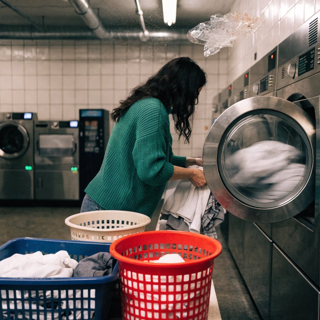 Candid documentary photograph of an adult woman sorting clothes in a self-service laundromat, cool fluorescent light, 35mm lens with moderate depth of field, loose lint suspended above a tumbling machine, worn baskets and tiled walls rendered naturally. — Recraft v4