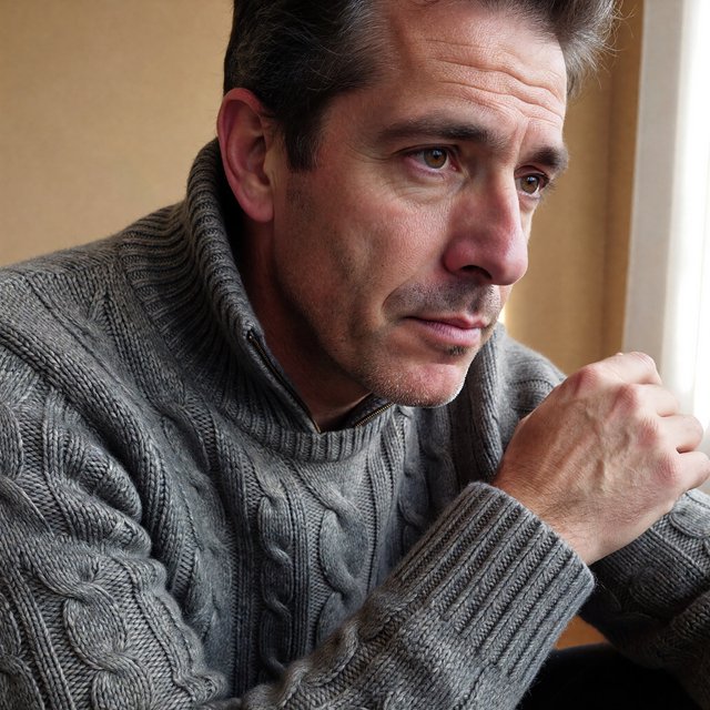 Editorial portrait of an adult man in his early 40s wearing a charcoal wool fisherman’s sweater, one hand loosely holding its ribbed cuff. His thoughtful, slightly tired expression rests against a muted ochre studio backdrop, shaped by gentle directional window light. — ImagineArt 1.5 Pro