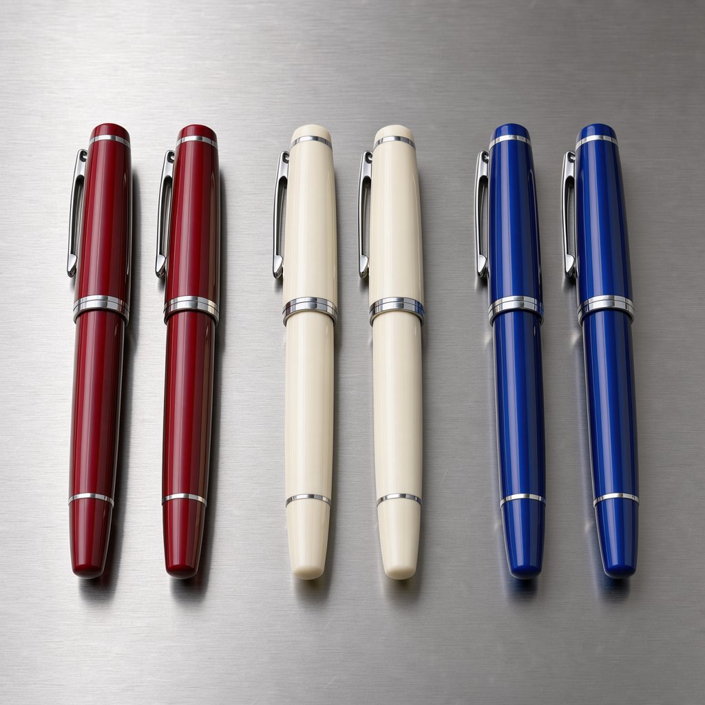 Across a brushed steel counter, exactly six fountain pens rest in three groups: two crimson pens on the left, two ivory pens in the center, and two cobalt pens on the right; nothing else. — FLUX 3 Image