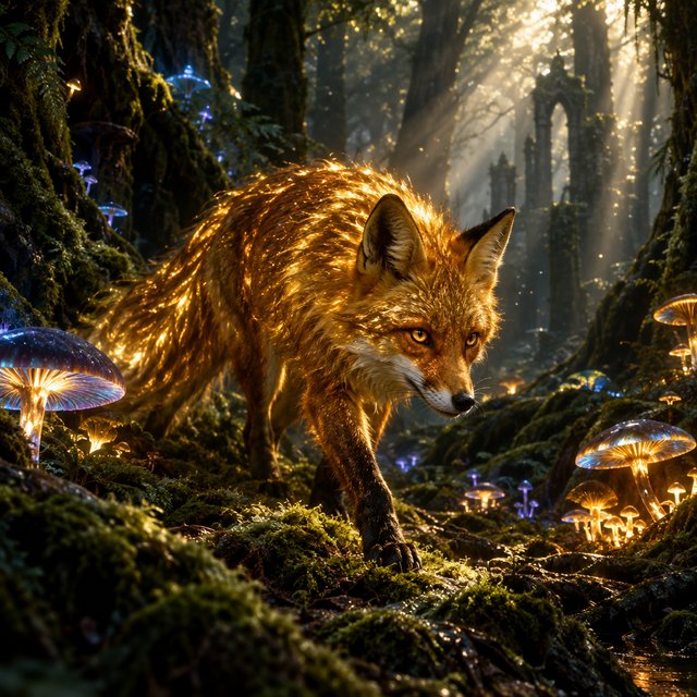 A cunning fox with fur like molten gold cautiously steps through a dense, ancient forest. Shafts of light pierce the canopy, illuminating dust motes dancing in the air. Strange, glowing mushrooms cast an otherworldly light on the moss-covered ground. The style is a blend of dark fantasy illustration and hyperrealism, with a focus on dramatic, cinematic lighting. — GPT Image 2.5 Flare