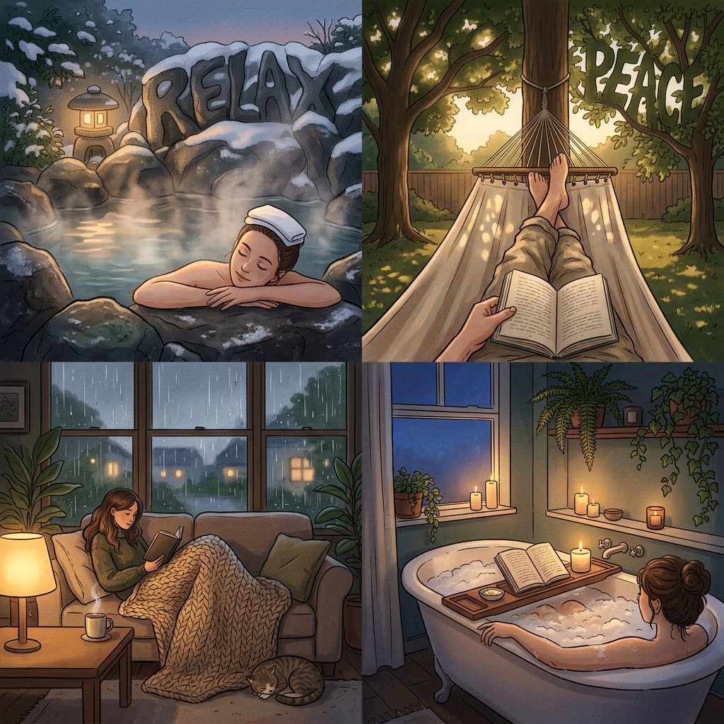 An image representing the word and concept of “Relaxing.” There are at least 4 moments that represent this. The word “Relax” and another word representing it are hidden naturally in the background. — Nano Banana 2.1
