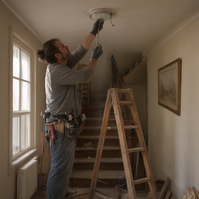 Candid documentary photograph of an adult building caretaker changing a ceiling light in a quiet apartment stairwell, pale afternoon window light, 35mm lens with moderate depth of field, plaster dust drifting from the fixture. — Qwen Image 3.0