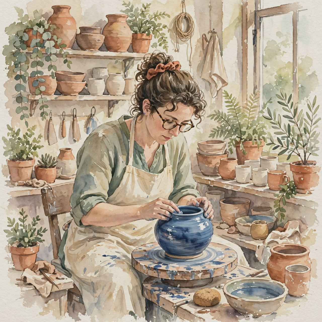 Watercolour illustration of an adult ceramicist shaping a blue-glazed vessel in a sunlit workshop, shelves of unfinished pottery and leafy plants softened by loose brushwork. Palette of terracotta, indigo, warm cream, and sage. — Muse Image 1.0