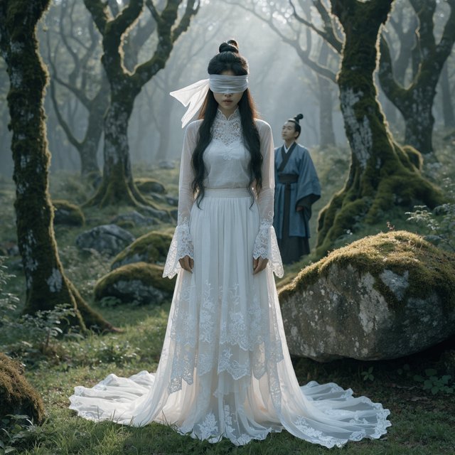 A beautiful young adult woman in flowing white hanfu stands quietly in a sparse forest, blindfolded with a soft white cloth. Grass surrounds her feet, and the scene feels calm, mysterious, and poetic. A few steps behind her stands a young adult male Taoist in traditional robes, gazing at her with a mesmerized, captivated expression. Gentle natural light filters through the thin trees, creating an ethereal atmosphere. Cinematic, elegant, emotionally evocative. — Recraft v4 Pro
