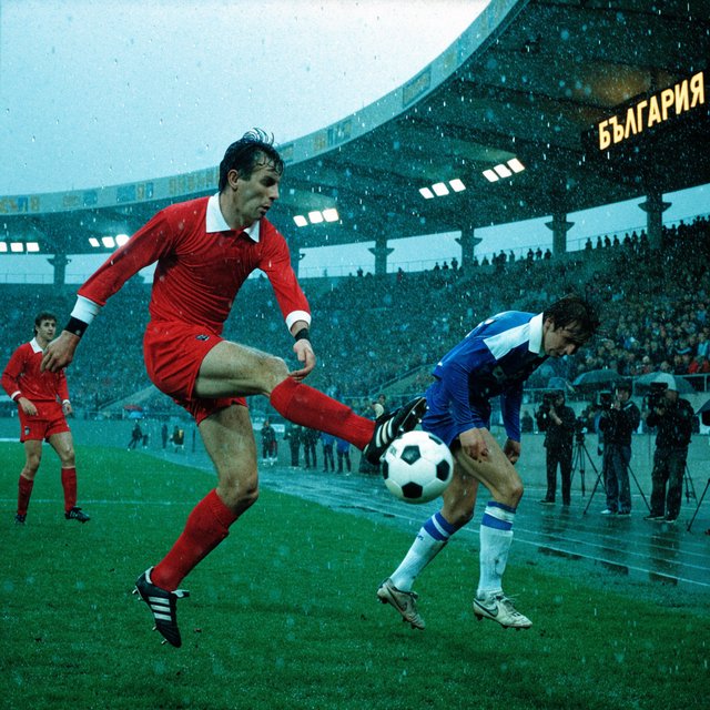 A stillshot from a Bulgarian football game, broadcast in the 1980s. — Recraft v4