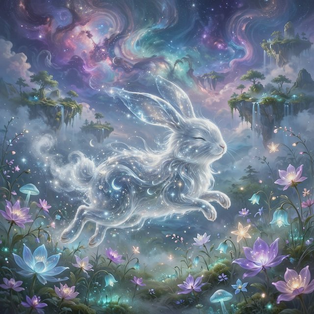 An ethereal rabbit, its fur made of shimmering moonlight, hops through a field of glowing, otherworldly flowers under a sky filled with nebulae. The landscape is dreamlike and surreal, with floating islands in the distance. The style is a delicate digital painting with fantasy elements, evoking a sense of wonder and tranquility. — Muse Image 1.0