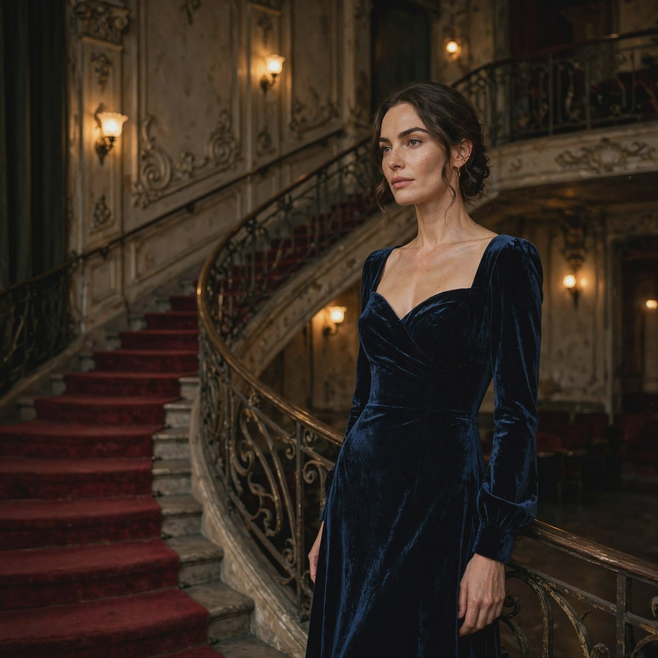 Editorial glamour photograph of an adult woman in a midnight-blue velvet evening gown, standing naturally beside a curved staircase in an old theatre, warm flattering sconce light, relaxed shoulders, poised expression, refined cinematic elegance. — Muse Image 1.0
