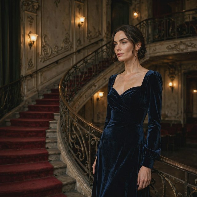 Editorial glamour photograph of an adult woman in a midnight-blue velvet evening gown, standing naturally beside a curved staircase in an old theatre, warm flattering sconce light, relaxed shoulders, poised expression, refined cinematic elegance. — Muse Image 1.0