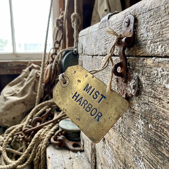 A brass luggage tag hangs from a weathered sea chest in a harbor loft, its face bearing “MIST HARBOR” in deeply stamped blue capitals; ropes and salt-crusted fittings surround it, with no other writing visible. — Nano Banana 2.1