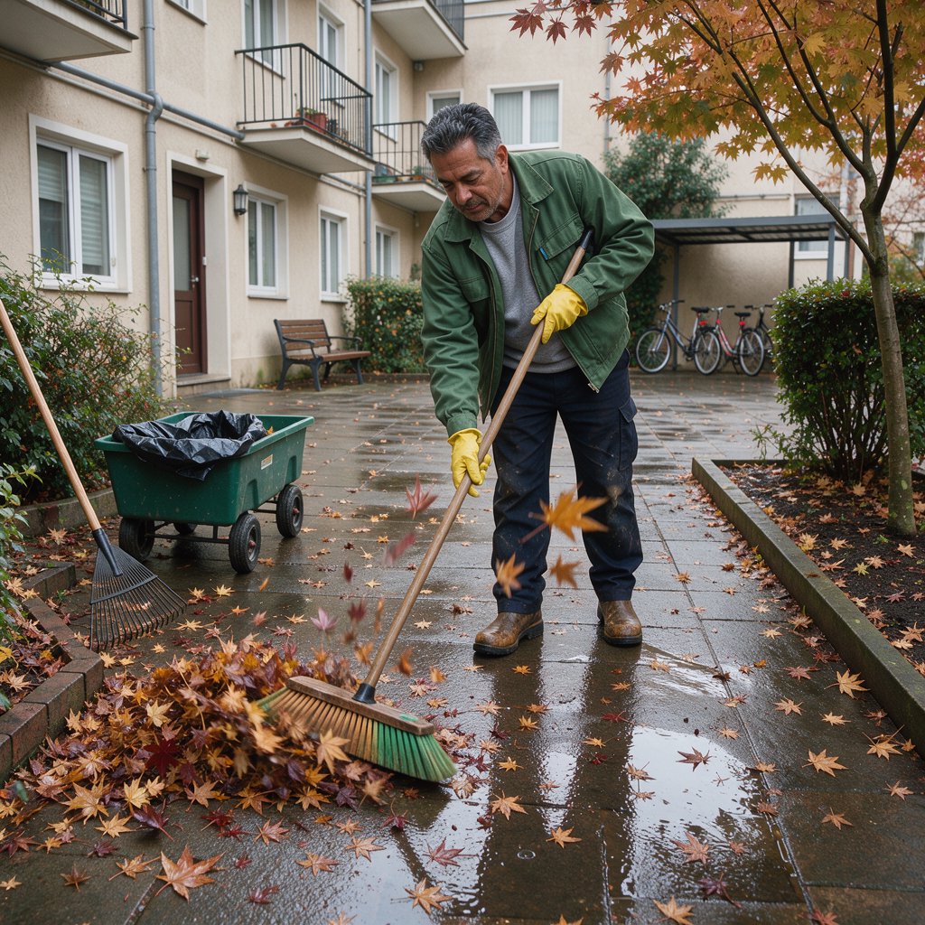 Candid documentary photograph of an adult groundskeeper sweeping damp leaves from an apartment courtyard, pale overcast morning light, 35mm lens with moderate depth of field, a few leaves caught midair in motion blur. — FLUX 3 Image