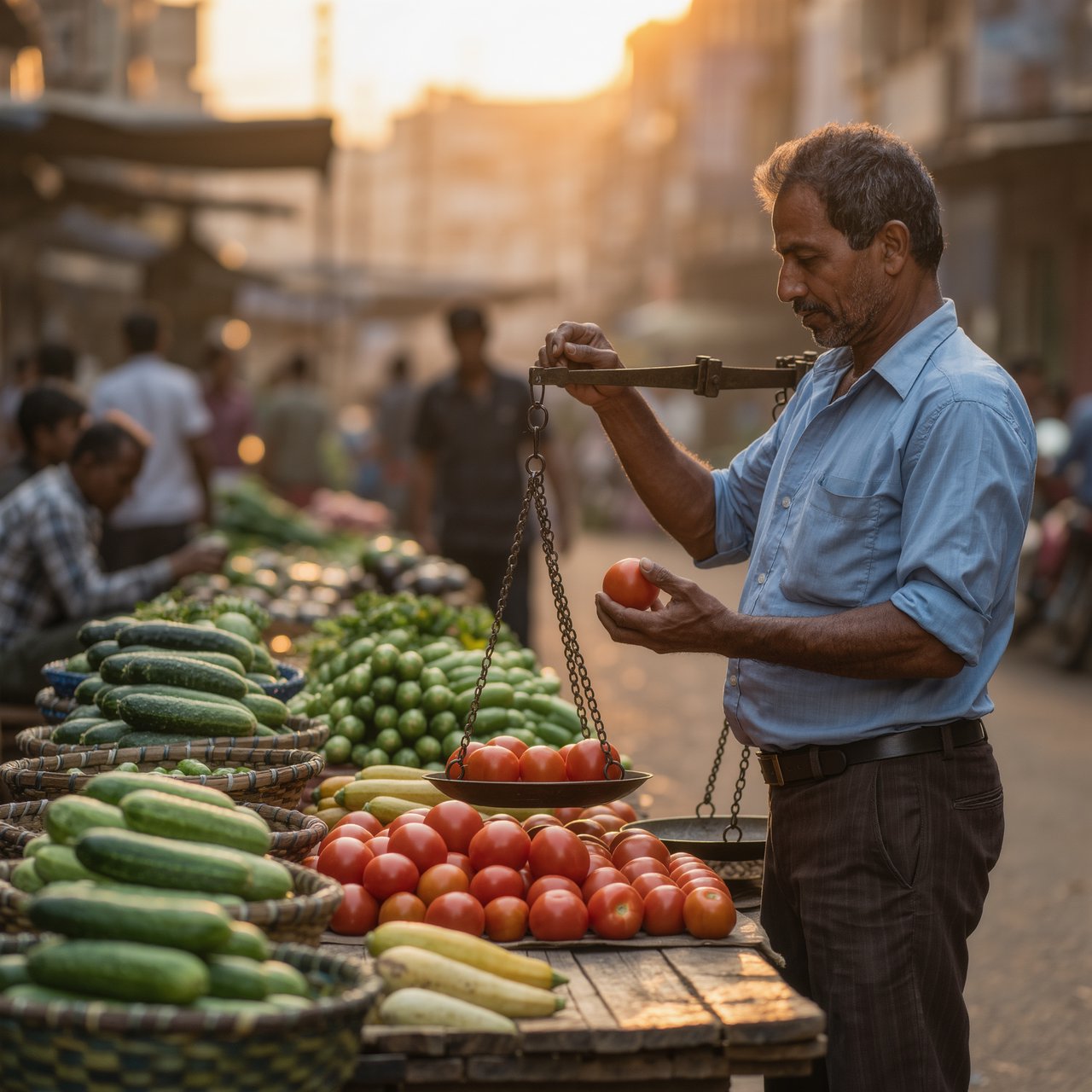Candid street photograph of an outdoor vegetable market at golden hour, a vendor weighing tomatoes on a brass scale, shallow depth of field, 50mm lens. — Kling v3 Omni