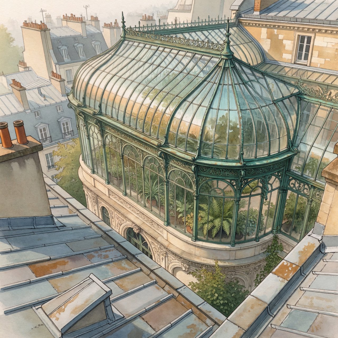 From a nearby rooftop, an Art Nouveau conservatory curves around a planted courtyard, its green copper ribs, clear glass, and pale stone base catching hazy morning light; orderly rooflines and believable supports show from above. — ImagineArt 2