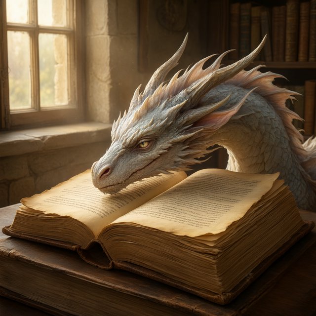 A mystical dragon's head, slender and dreamy, rests upon the yellowed pages of an ancient tome, the cover worn and mysterious, as soft warm light pours in through a nearby window, casting a serene ambiance, the air thick with the scent of old parchment and forgotten knowledge. — Qwen Image 3.0