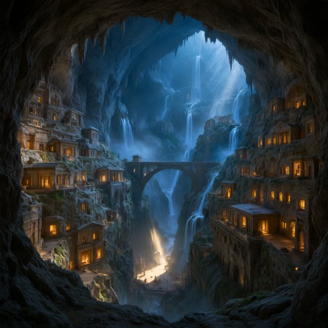 An ancient city carved inside a hollow mountain glows with windowlight, its terraced bridges spanning a blue-lit cavern while mineral mist rises around distant waterfalls and a narrow beam of sunrise reaches the deepest plaza. — Qwen Image 3.0