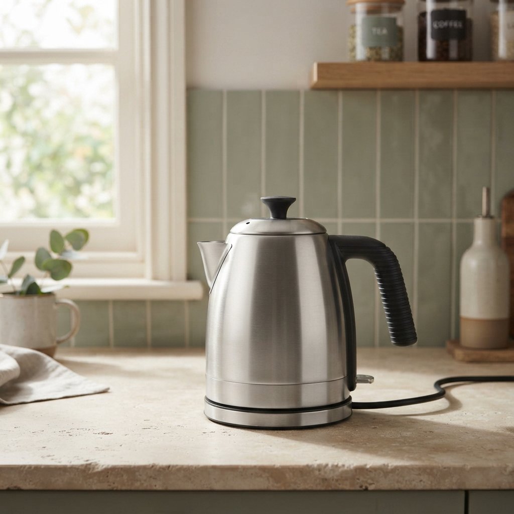 Morning daylight spills across a kitchen counter, revealing an unbranded electric kettle in satin stainless steel with a ribbed heat-resistant polymer handle. It sits on honed limestone against a muted sage backsplash, with window light and white bounce fill; commercial product image, no lettering. — Nano Banana 2 Lite