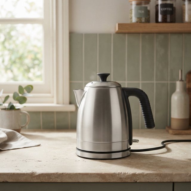 Morning daylight spills across a kitchen counter, revealing an unbranded electric kettle in satin stainless steel with a ribbed heat-resistant polymer handle. It sits on honed limestone against a muted sage backsplash, with window light and white bounce fill; commercial product image, no lettering. — Nano Banana 2 Lite