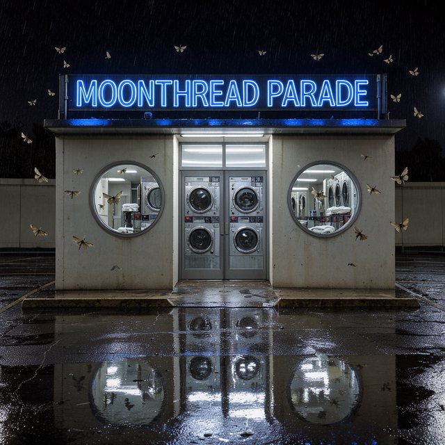 At midnight, moths circle the laundromat’s glowing round windows while chrome washing machines gleam inside; “MOONTHREAD PARADE” shines in icy blue neon above the entrance, reflected across the wet pavement, with no other lettering visible. — FLUX 3 Image Klein
