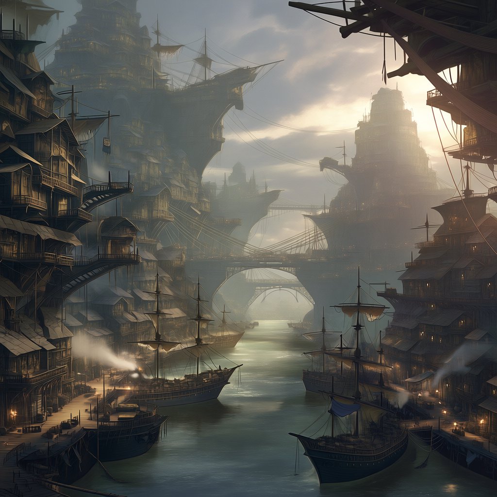A floating market city built on the hulls of giant upturned ships, rope bridges, morning haze, wide establishing shot. — Midjourney Niji 7