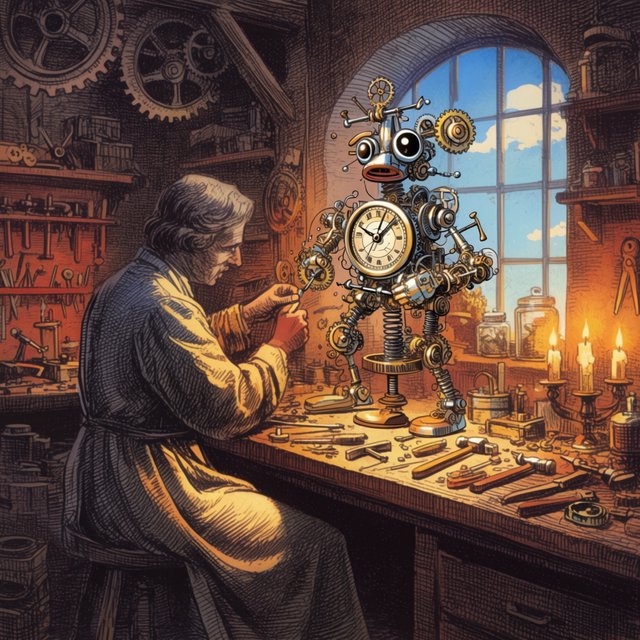 Engraved ink illustration of an adult clockmaker assembling a whimsical brass automaton in a candlelit workshop, with gears, springs, and glass jars surrounding the bench. Palette of charcoal, copper, teal, and honey yellow, with crisp crosshatching and warm shadows. — Krea 2 Large