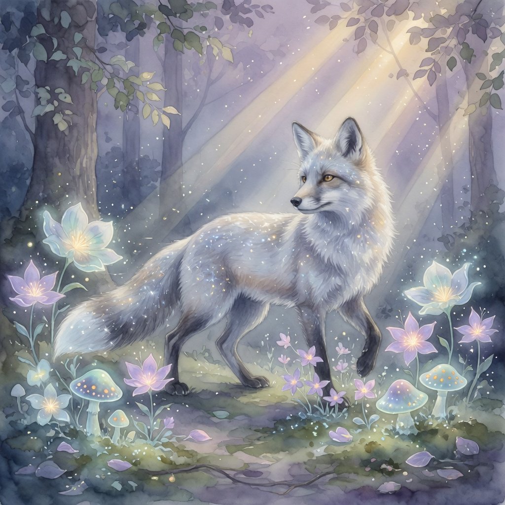 A majestic fox with fur like spun moonlight, standing in a clearing bathed in ethereal light. Bioluminescent flowers bloom around its paws, casting a soft, otherworldly glow. The scene is rendered in a detailed watercolor illustration style, with delicate brushstrokes and a muted, mystical color palette. Cinematic lighting emphasizes the magical ambiance. — Grok Imagine Image Quality