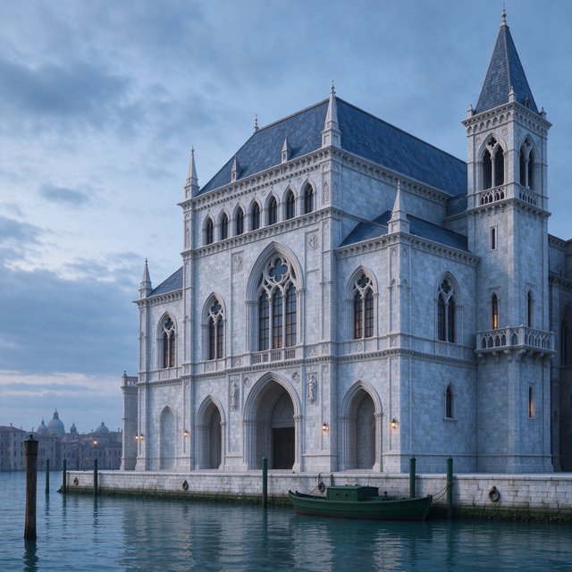Exterior of a Venetian Gothic opera house beside a quiet canal, pale Istrian limestone, pointed arches, quatrefoil tracery, and a steep slate roof; cool morning light, viewed from across the water, crisp masonry lines and believable structure. — Seedream 5.0 Flash