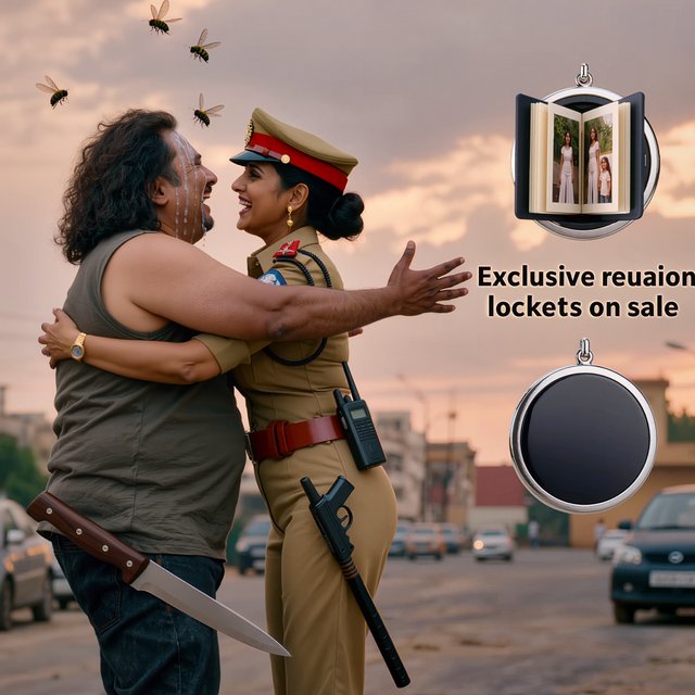 A reunion of long-lost brother and sister, as depicted in Bangladeshi films. The brother is now a thug, he is overweight, with badly cut, long, curly hair. He wears a sleeveless T-shirt. A large knife peeks out of his trousers. His arms open wide to hug his sister. He stinks. So a few flies hover around his head. His sister, typically the film heroine, and therefore very attractive. But she's a cop wearing a cap and body-fitting khaki police dress. A gun in her holster, a baton by her belt, plus a walkie talkie in her one hand. Her arms are also open wide to hug the brother. Both are tearful. They must be placed on one side of the image. On the other side of the image, we place some products from the film that we want to sell: A circular locket that is open like a book, with childhood pictures of the brother and the sister on two sides. Below this open locket, we show a closed locket. Add text: Exclusive reunion lockets on sale. — Model 9