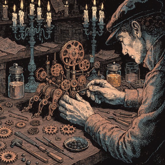 Engraved ink illustration of an adult clockmaker assembling a whimsical brass automaton in a candlelit workshop, with gears, springs, and glass jars surrounding the bench. Palette of charcoal, copper, teal, and honey yellow, with crisp crosshatching and warm shadows. — Recraft v4