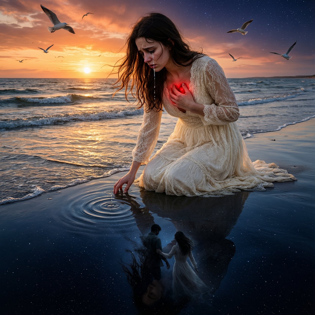Cinematic, photorealistic artwork of a sorrowful young woman in a flowing ivory lace dress kneels in shallow surf at the waterline during sunset. Her long, windblown dark hair frames her downcast face; a tear flows down her cheek and into the water, one hand presses against her chest, glowing faintly crimson to suggest her still-beating heart, while her other fingertips touch the water. The world behind her remains beautiful: a golden sun shines over restless waves, seabirds cross the sky, and fiery peach clouds fade into star-filled indigo. In the wet sand, her reflection becomes a dark cosmic void. Stars ripple around a fading, ghostlike image of her partner deserting her and dissolving into darkness. The tear forms concentric ripples, disturbing an entire universe. Contrast warm golden life above with cool blue-black devastation below. Natural cinematic lighting, detailed water reflections, realistic anatomy, restrained grief. No text, borders, or collage. — Qwen Image 3.0 Pro