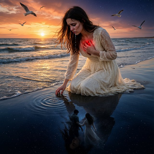Cinematic, photorealistic artwork of a sorrowful young woman in a flowing ivory lace dress kneels in shallow surf at the waterline during sunset. Her long, windblown dark hair frames her downcast face; a tear flows down her cheek and into the water, one hand presses against her chest, glowing faintly crimson to suggest her still-beating heart, while her other fingertips touch the water. The world behind her remains beautiful: a golden sun shines over restless waves, seabirds cross the sky, and fiery peach clouds fade into star-filled indigo. In the wet sand, her reflection becomes a dark cosmic void. Stars ripple around a fading, ghostlike image of her partner deserting her and dissolving into darkness. The tear forms concentric ripples, disturbing an entire universe. Contrast warm golden life above with cool blue-black devastation below. Natural cinematic lighting, detailed water reflections, realistic anatomy, restrained grief. No text, borders, or collage. — Qwen Image 3.0 Pro