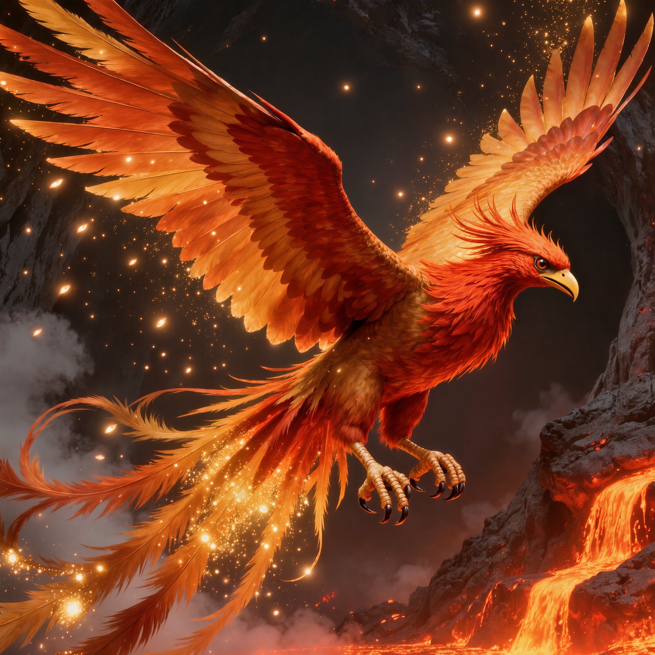 A majestic phoenix rising from a cascade of molten gold and shimmering embers against a backdrop of a dark, volcanic caldera. Its feathers are ablaze with brilliant oranges, reds, and fiery yellows. The air around it crackles with heat and energy. Style: Epic fantasy art with dynamic composition and vibrant color contrast — Kling v3 Omni