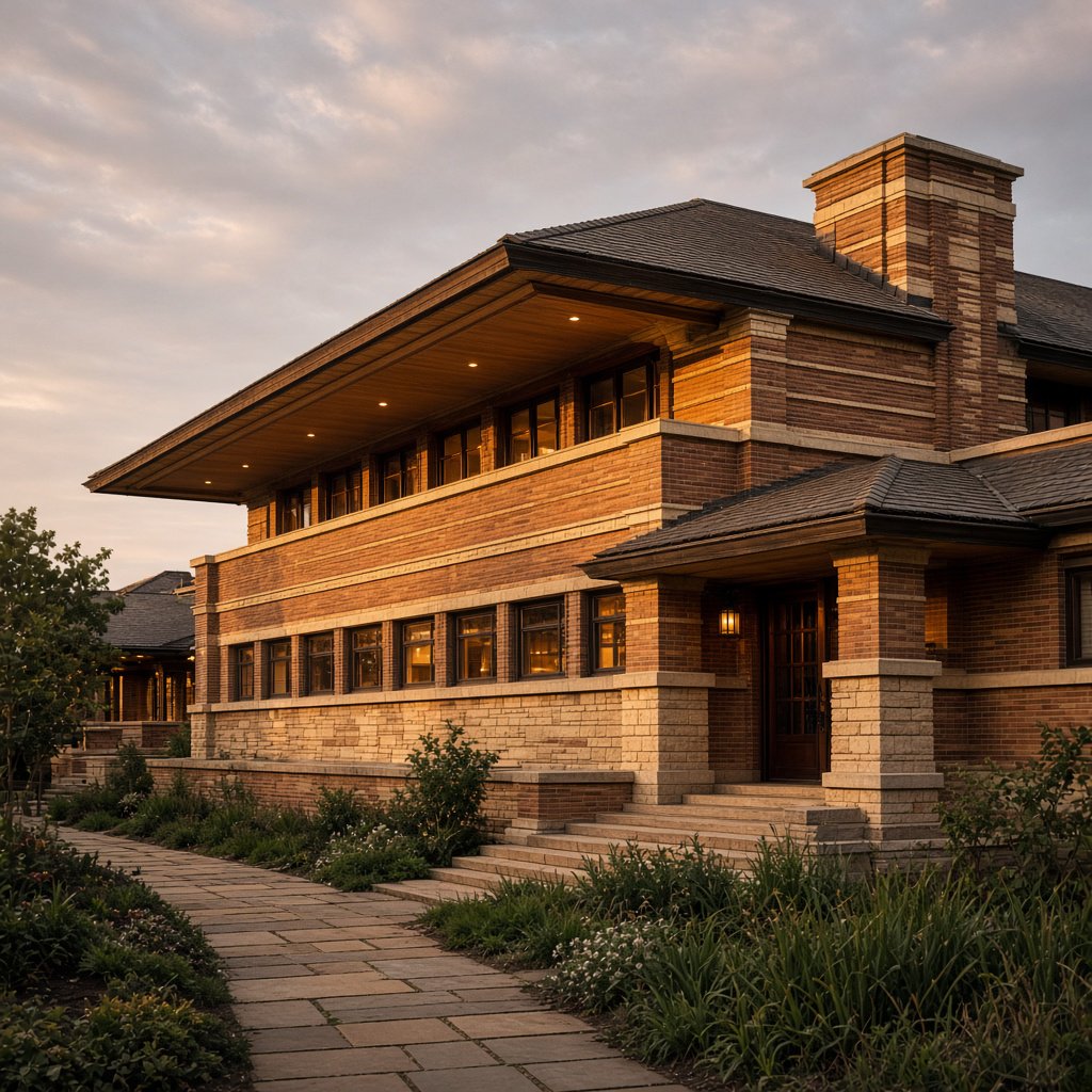 Exterior of a Prairie School residence with broad overhanging eaves, warm brick, limestone courses, and ribbon windows; amber evening light grazes the facade, viewed obliquely from a garden path, with disciplined horizontal lines and credible structure. — Grok Imagine Image 2
