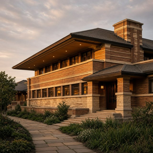 Exterior of a Prairie School residence with broad overhanging eaves, warm brick, limestone courses, and ribbon windows; amber evening light grazes the facade, viewed obliquely from a garden path, with disciplined horizontal lines and credible structure. — Grok Imagine Image 2